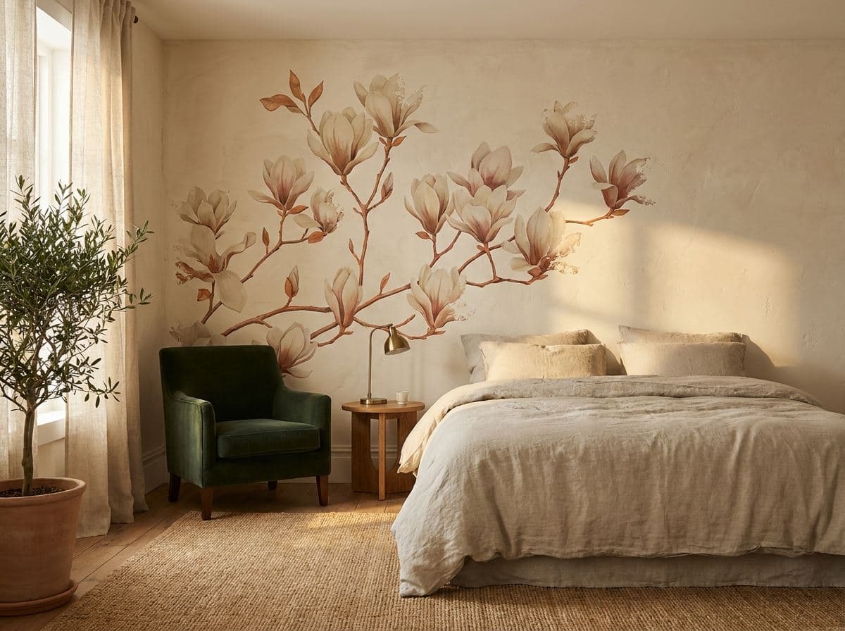 Klaprozen en veldbloemen als muurprint achter een bed