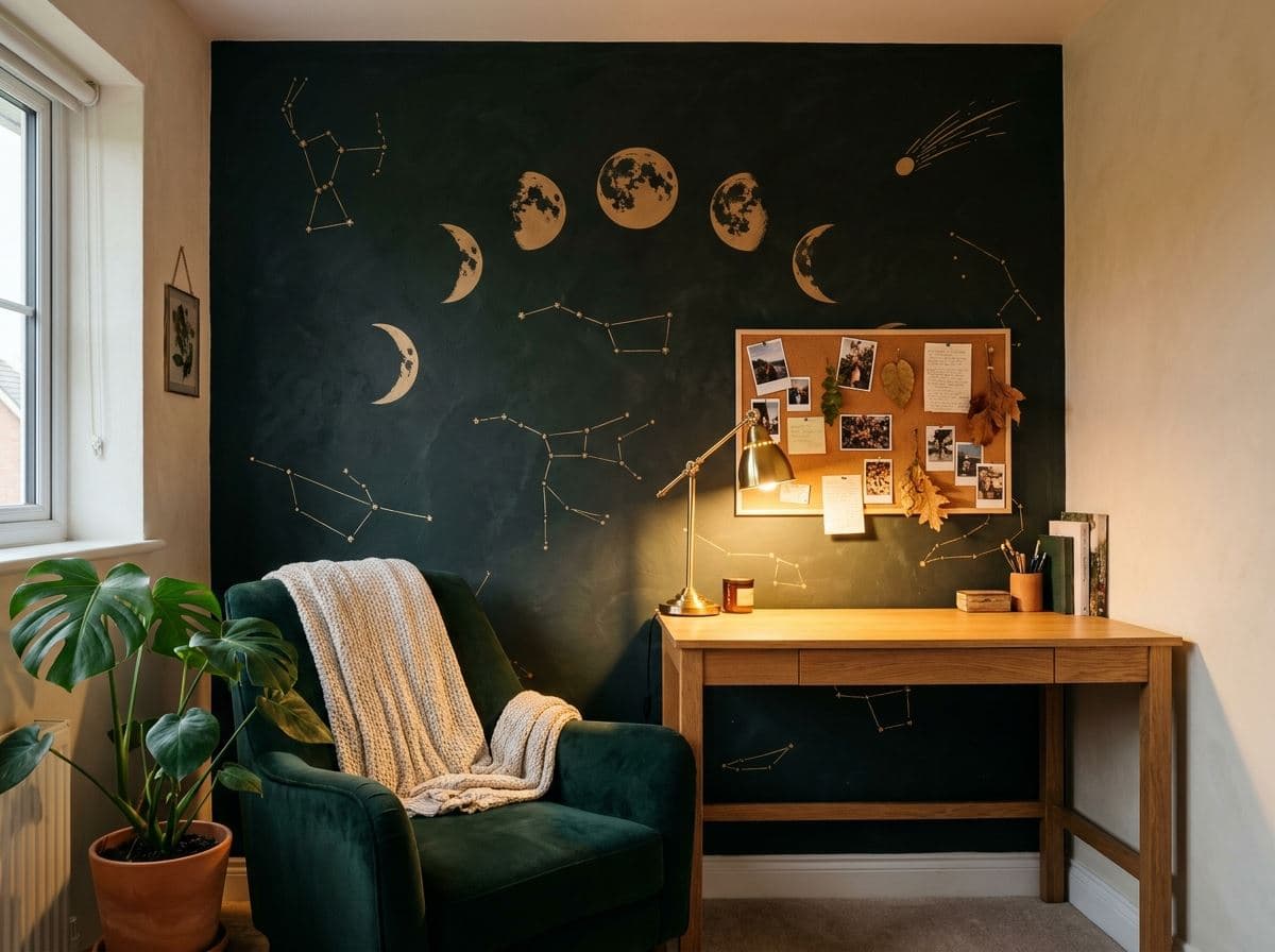 Planeten en sterren als muurprint op een donkere tienerkamerwand