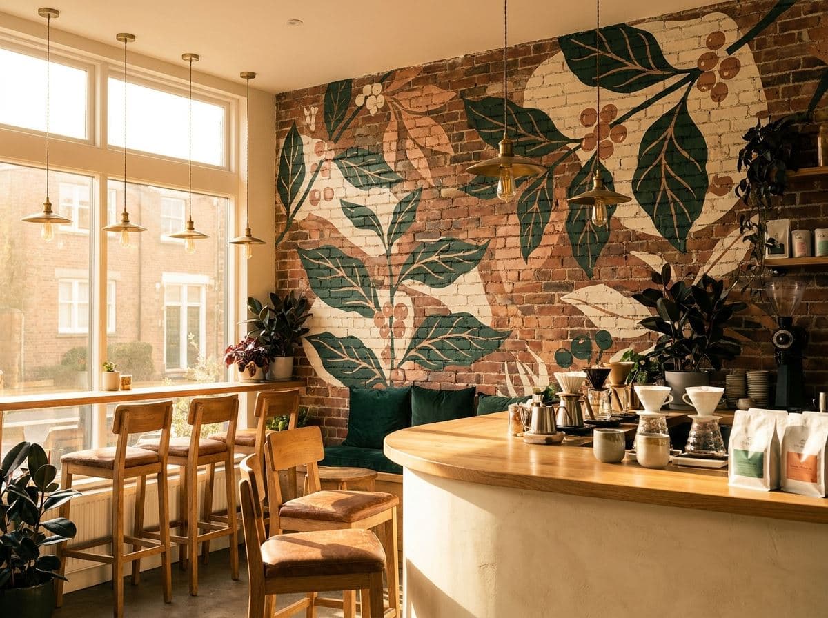 Muurprint op de bakstenen wand van een restaurant