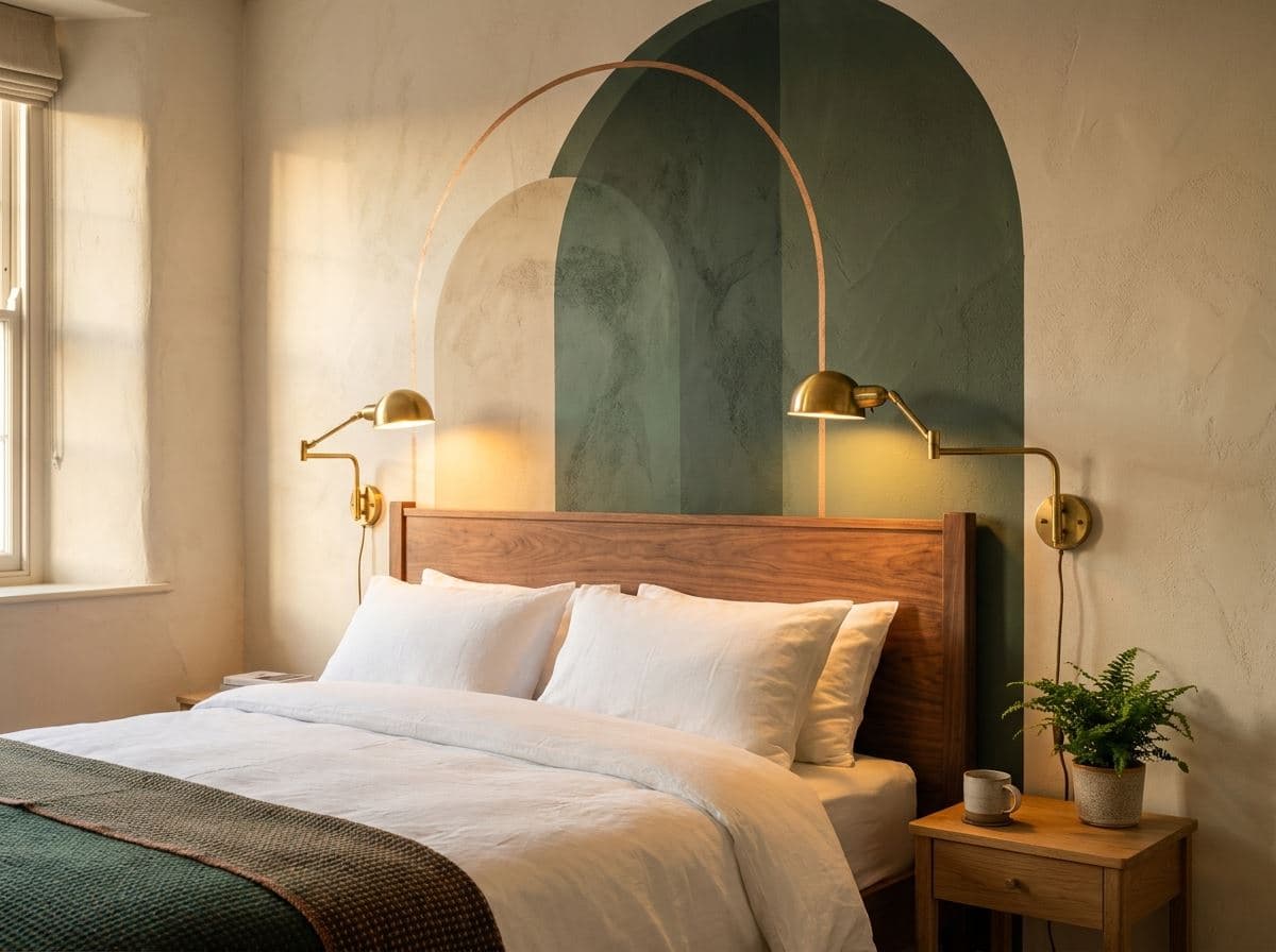Bogen-muurprint achter het bed van een hotelkamer