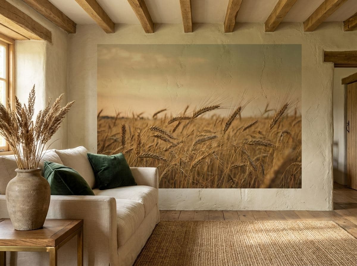 Landelijke woonkamer met weidelandschap als muurprint