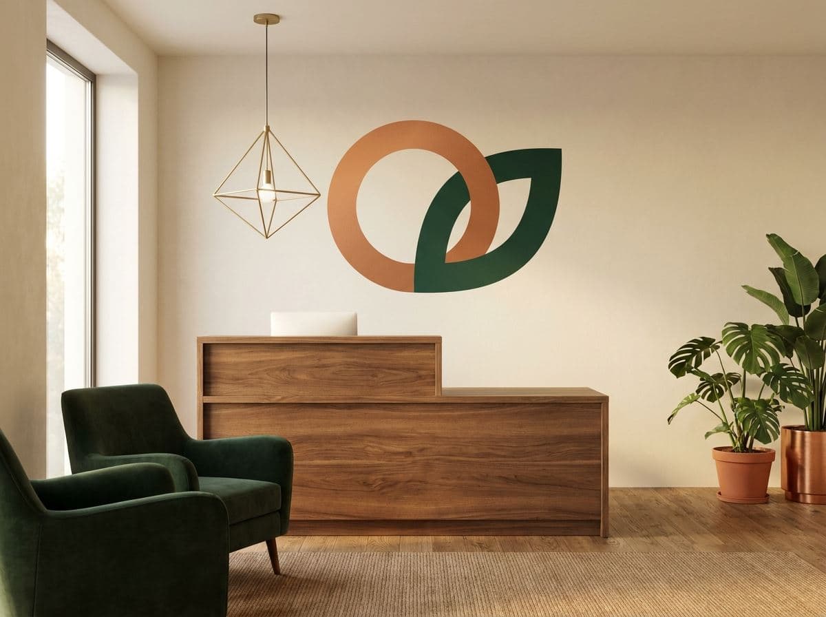 Bedrijfsreceptie met abstract logo rechtstreeks op de wand geprint