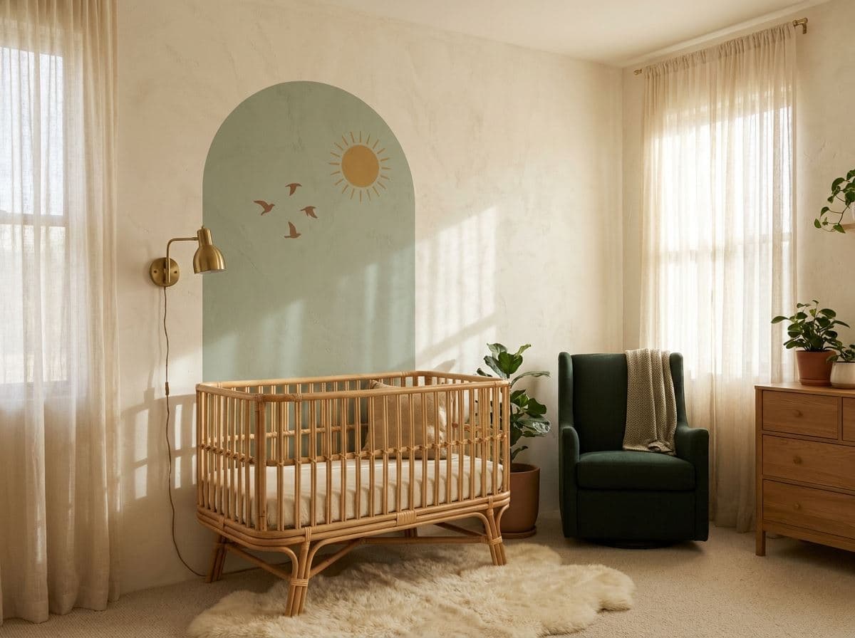 Babykamer met rustige terracotta boogvormen als muurprint naast het wiegje