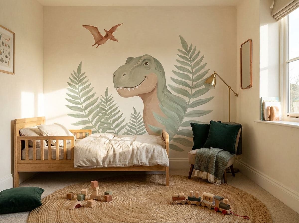 Vriendelijke dino-muurprint in een kinderkamer