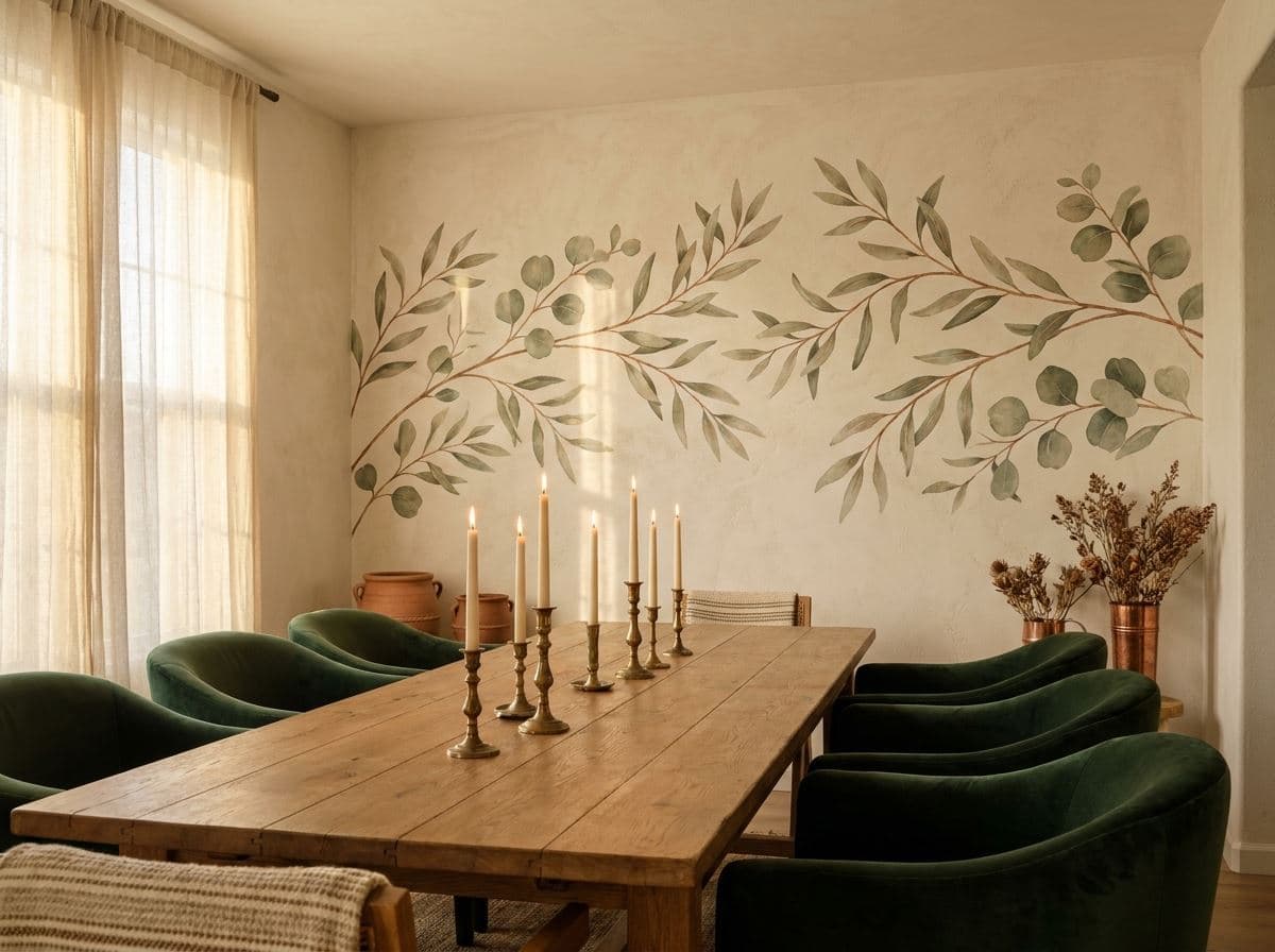 Eetkamer waar grassen en zaaddozen als botanische print op de wand staan