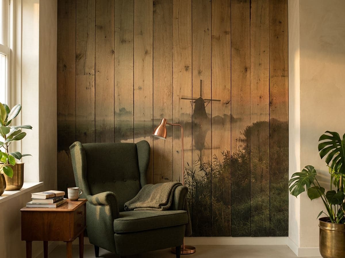 Berglandschap geprint op een houten plankenwand, nerf zichtbaar