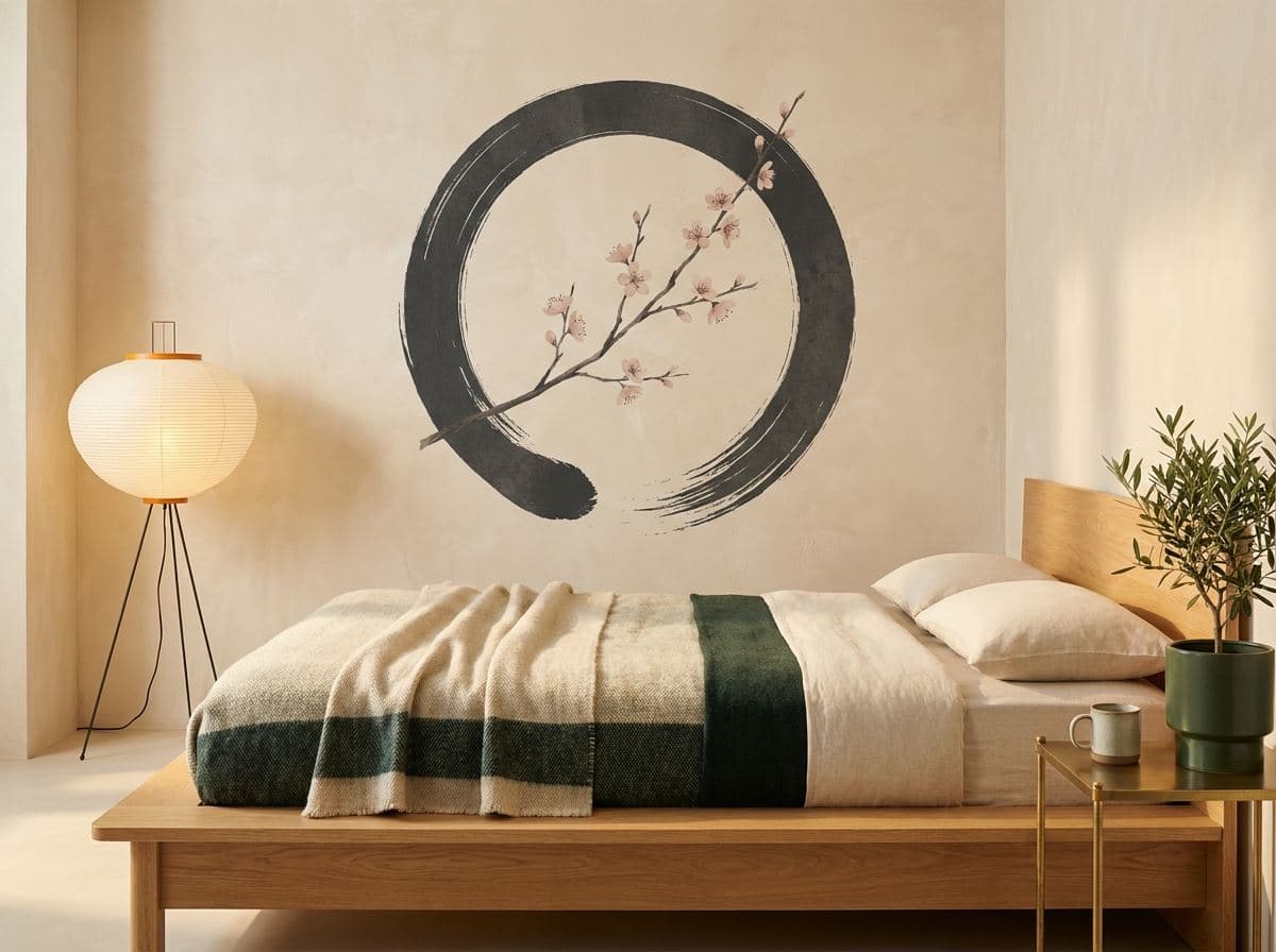Japandi-interieur met een fijne lijntekening geprint op een kalkverfwand