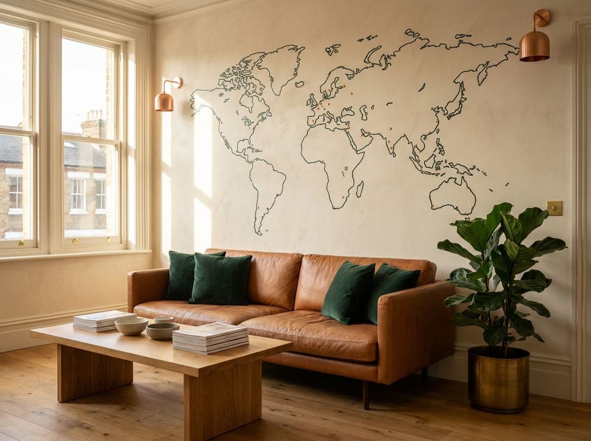 Kantoorwerkplek met een strakke wereldkaart die op de wand is geprint