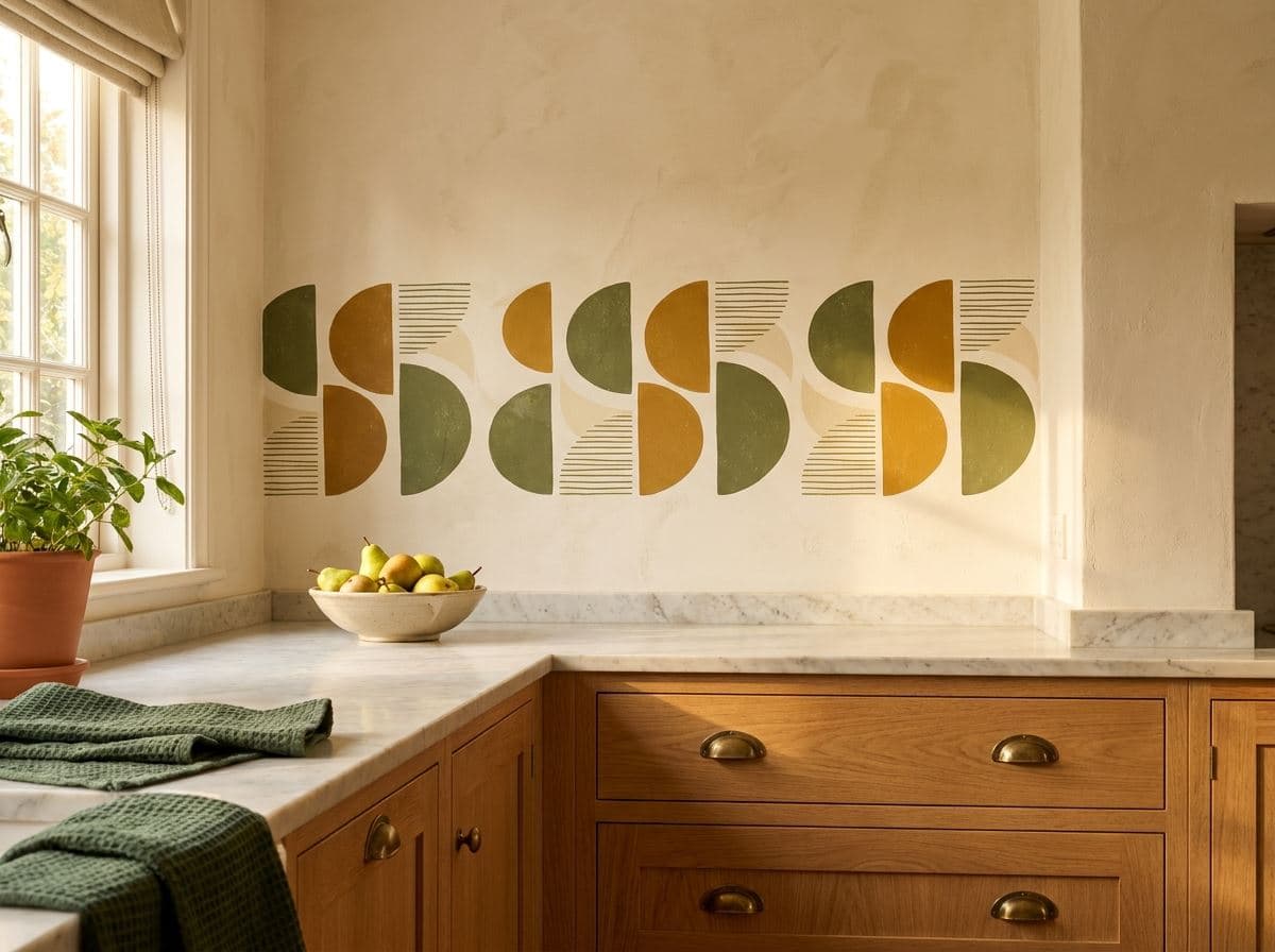 Moderne keuken met een geometrisch patroon als muurprint op de achterwand