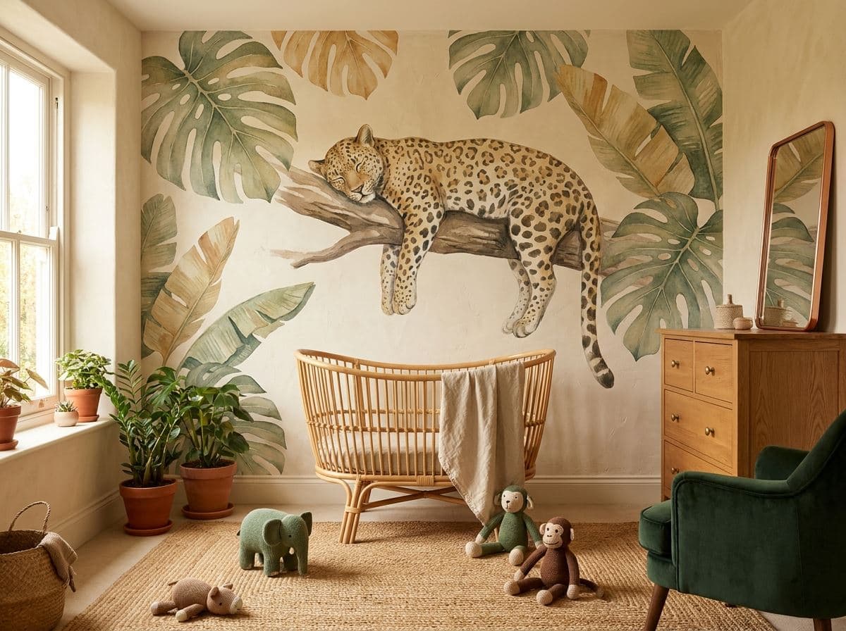 Kinderkamer met een kleurrijke junglewand vol dieren, in de muur geprint