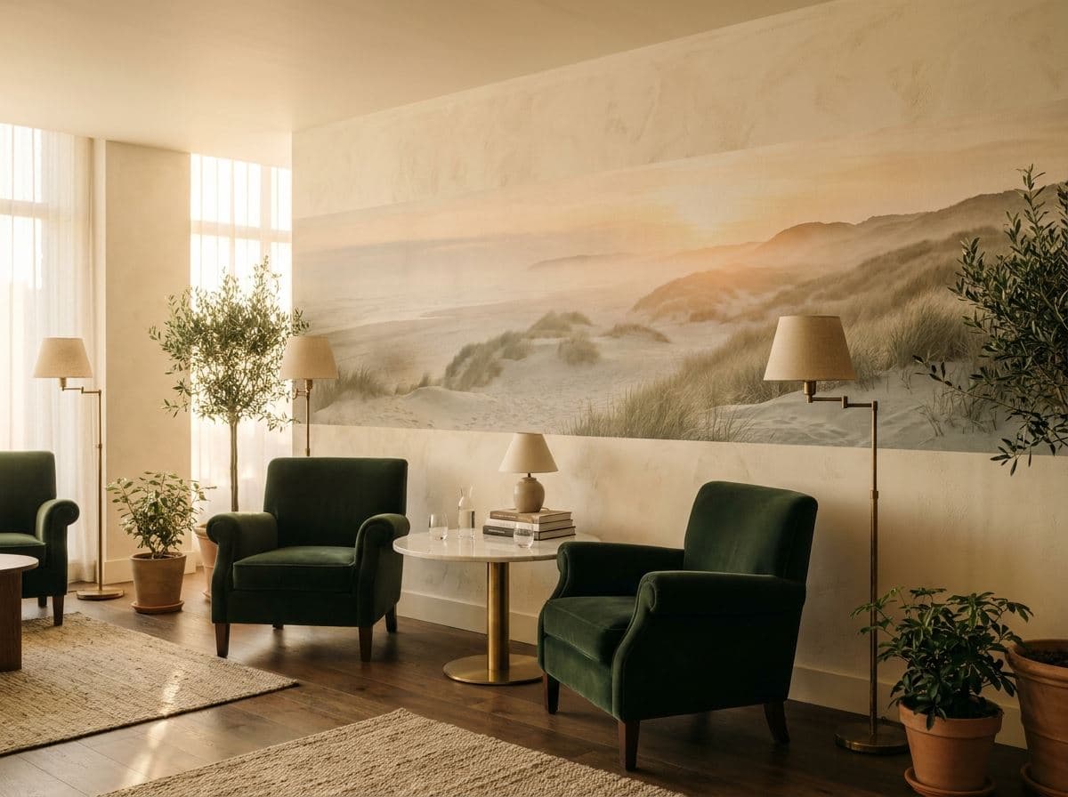 Loungehoek met een breed bospanorama dat rechtstreeks op de muur is geprint
