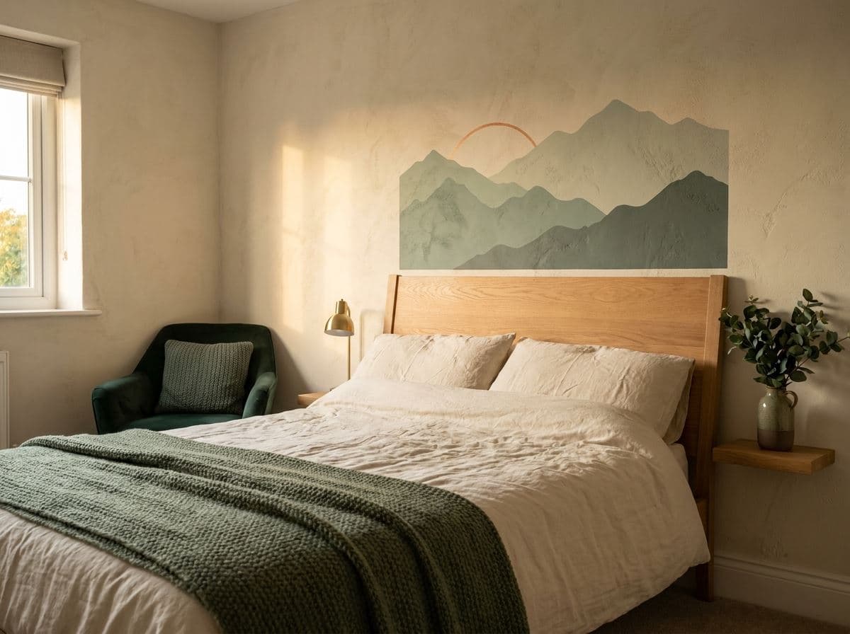Slaapkamer waar een ingetogen berglandschap direct op de wand achter het bed is geprint
