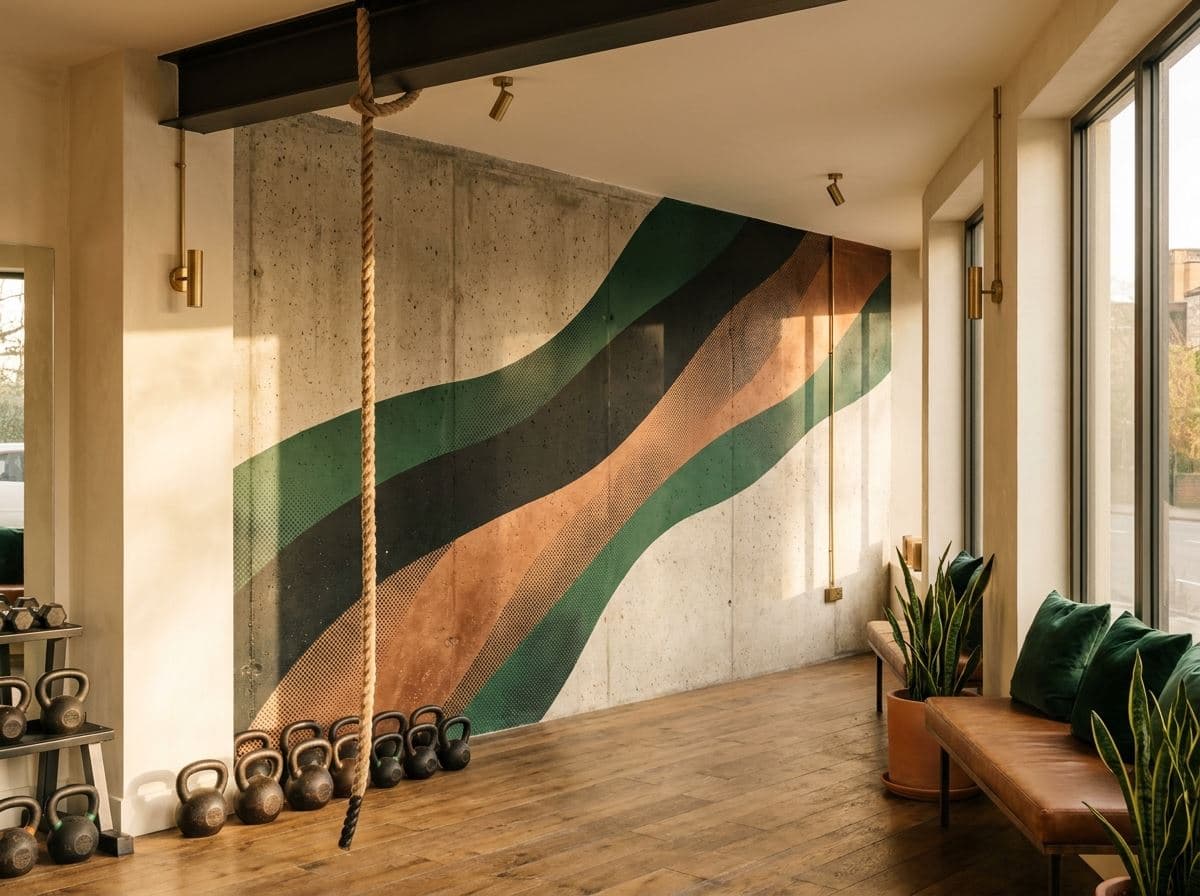 Grafische muurprint op de betonwand van een sportschool