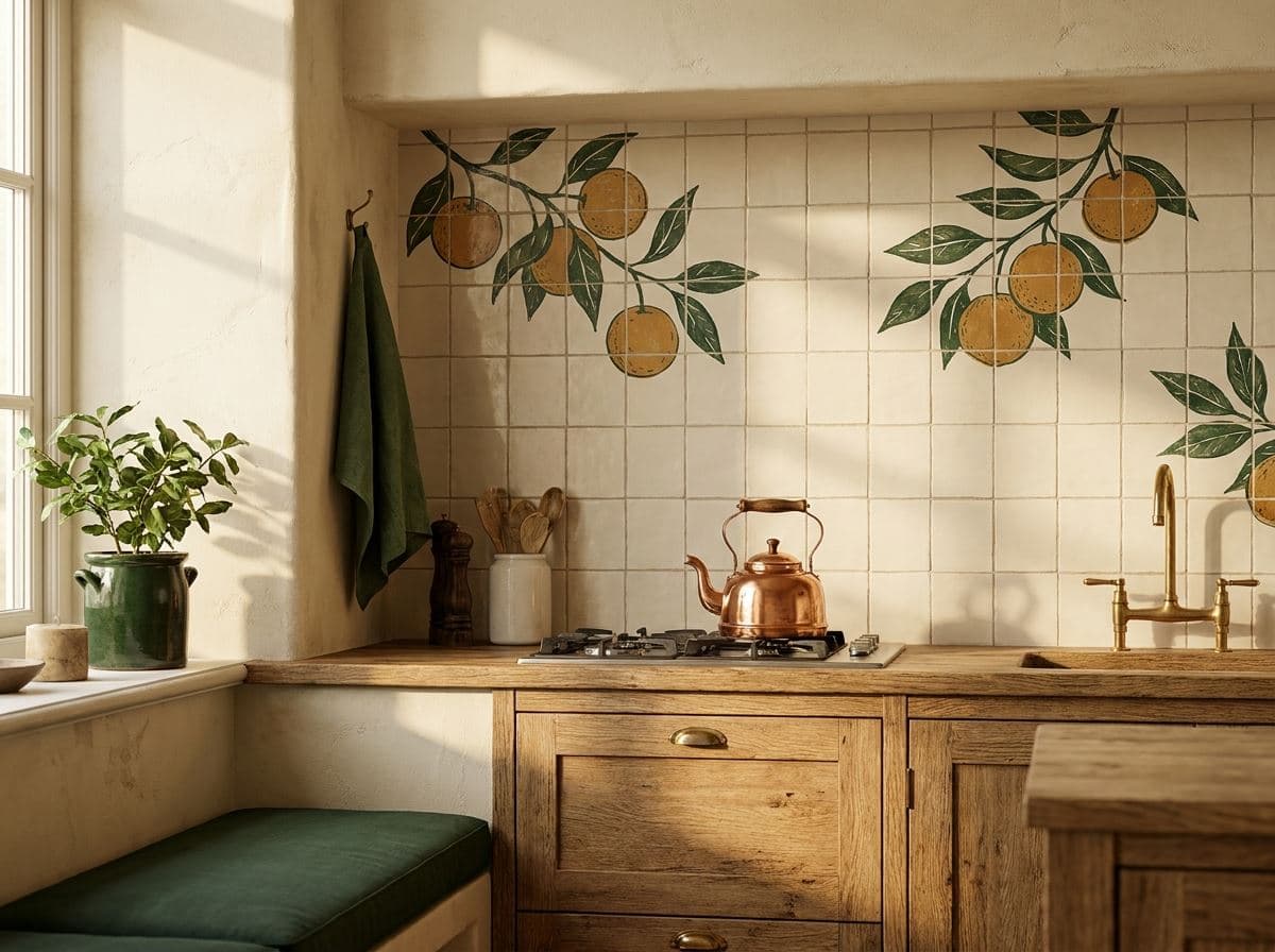 Geometrisch patroon geprint op een witte tegelwand in de keuken