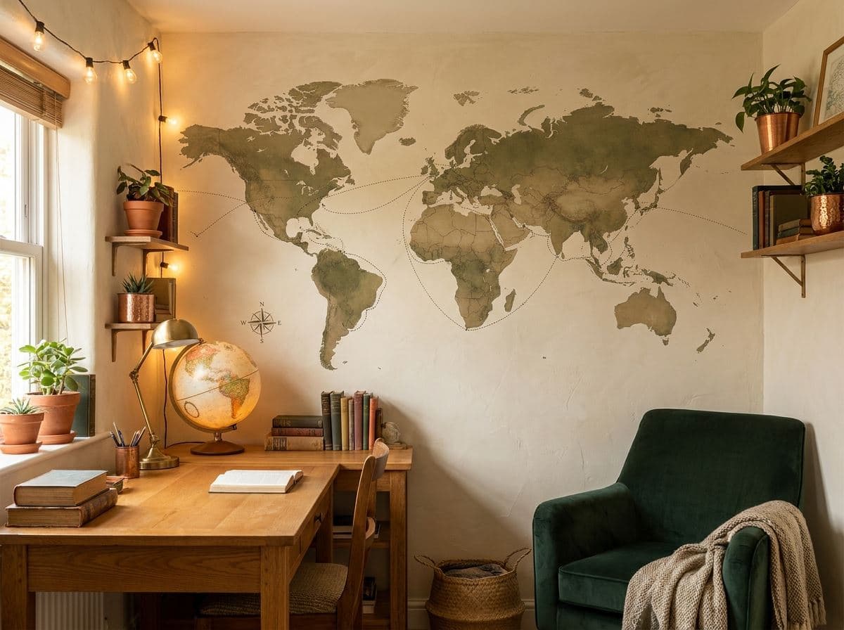 Tienerkamer met een wereldkaart in vintage stijl, geprint boven het bed