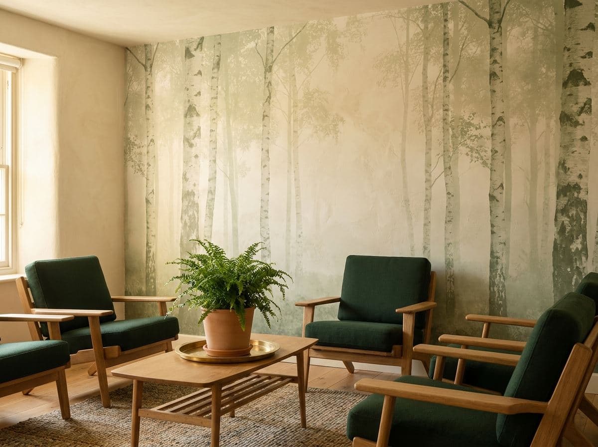 Kalmerend natuurlandschap als muurprint in een zorginstelling